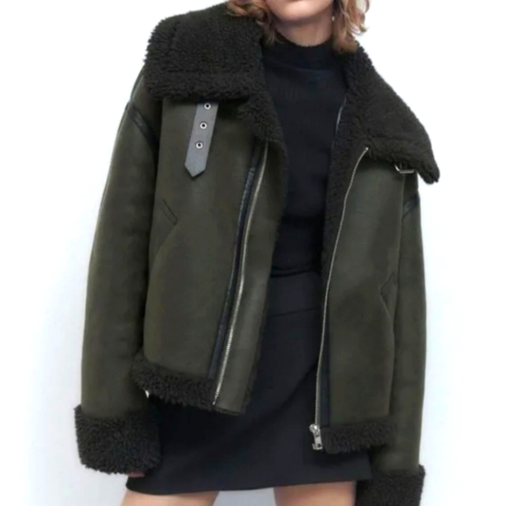 ZARA Women's Aviator-Style Double Faced Jacket Green Size Medium